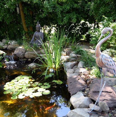 A pond with a Buddha statue in a therapy garden